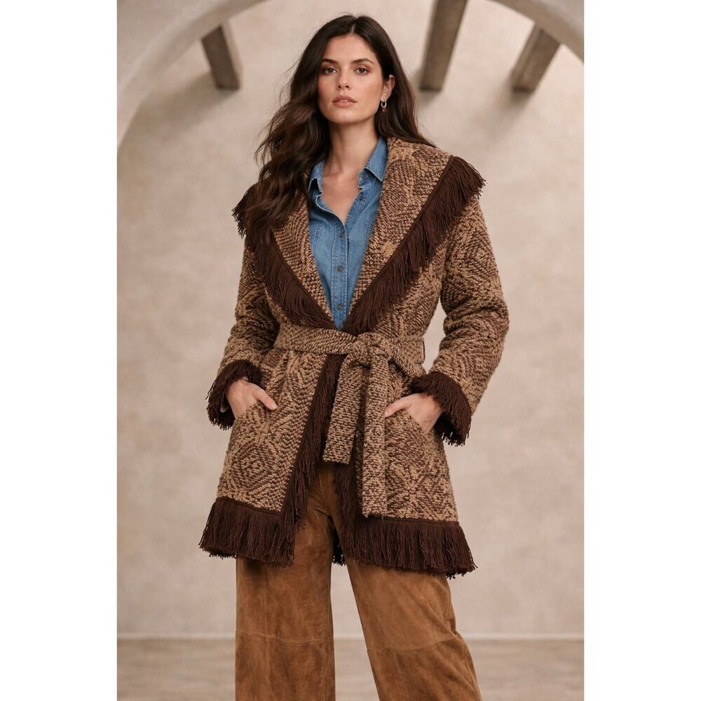 NWT Banana Republic Arella Jacquard Fringe Cardigan Sweater Brown Belted S Boho